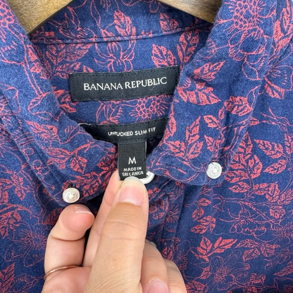 Men's Cotton Button-Down Shirt in Navy with Pink Floral Print By Banana Republic